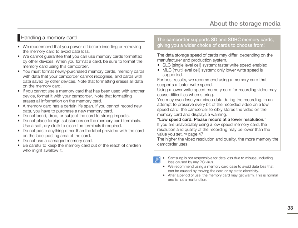 About the storage media | Samsung SMX-F54BN-XAA User Manual | Page 40 / 124