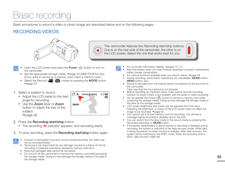 Basic recording, Recording videos | Samsung SMX-F54BN-XAA User Manual | Page 42 / 124