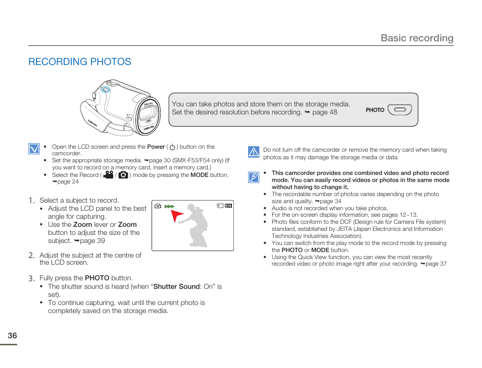 Recording photos, Basic recording | Samsung SMX-F54BN-XAA User Manual | Page 43 / 124