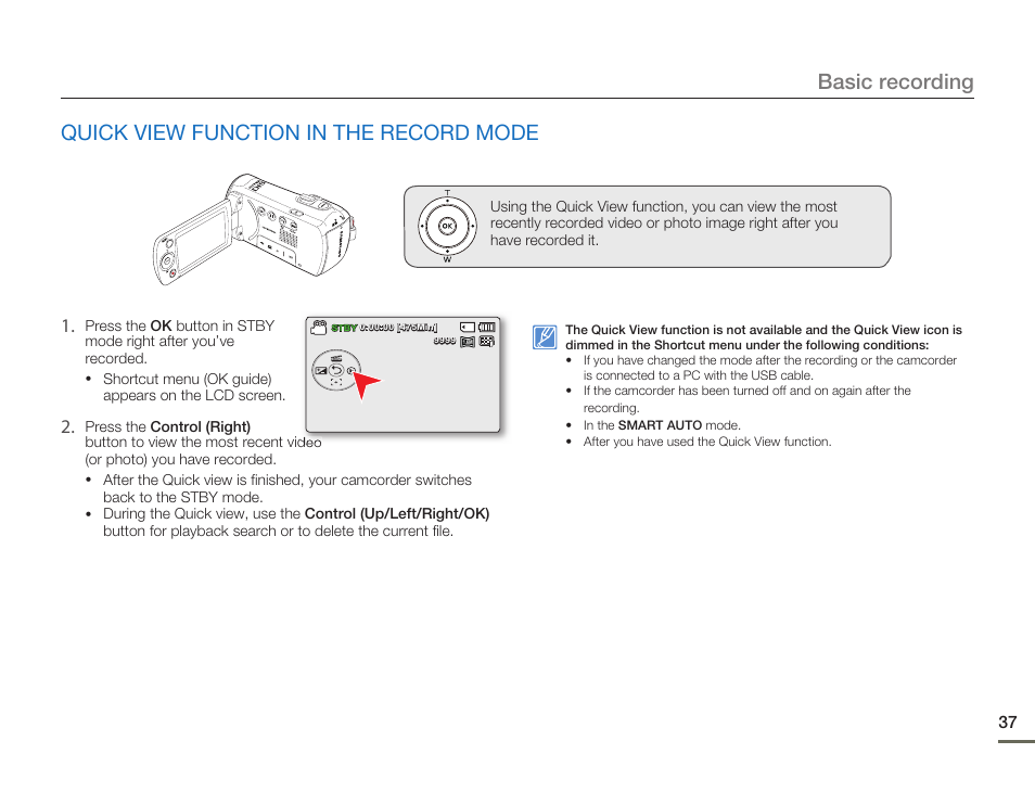 Quick view function in the record mode, Basic recording | Samsung SMX-F54BN-XAA User Manual | Page 44 / 124