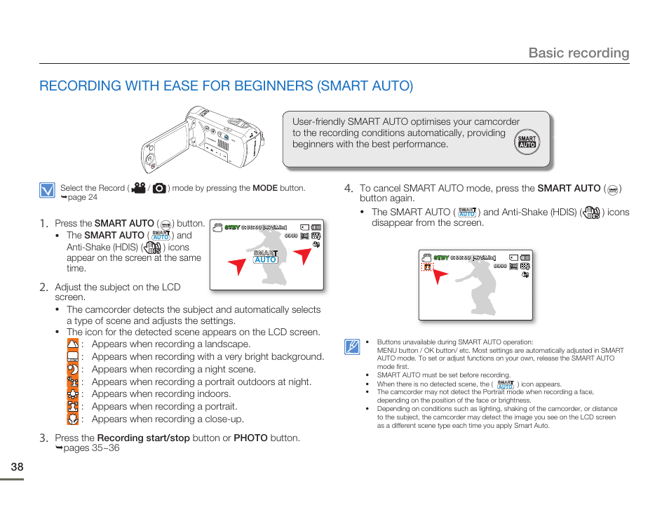 Recording with ease for beginners (smart auto), Basic recording | Samsung SMX-F54BN-XAA User Manual | Page 45 / 124