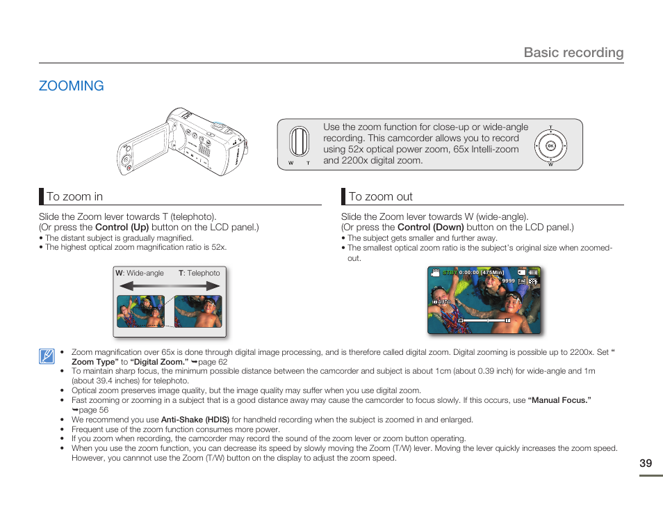 Zooming, Basic recording | Samsung SMX-F54BN-XAA User Manual | Page 46 / 124