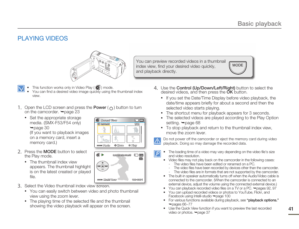 Playing videos, Basic playback | Samsung SMX-F54BN-XAA User Manual | Page 48 / 124
