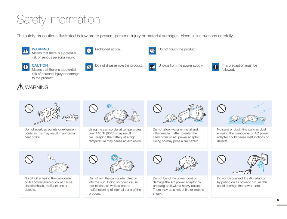 Safety information, Warning | Samsung SMX-F54BN-XAA User Manual | Page 5 / 124