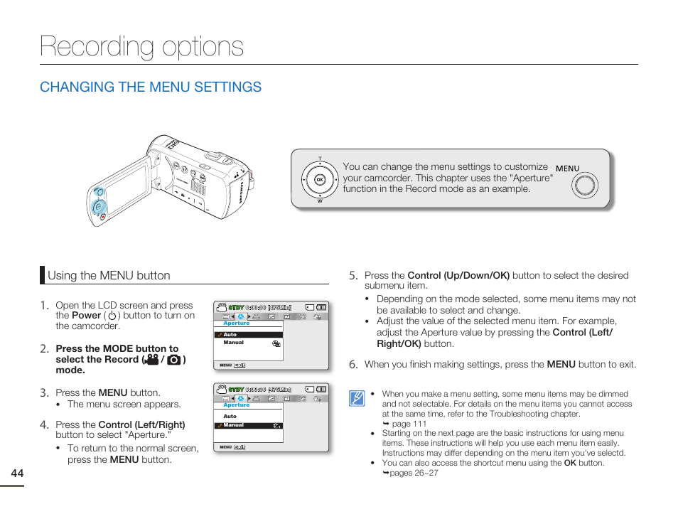 Recording options, Changing the menu settings | Samsung SMX-F54BN-XAA User Manual | Page 51 / 124