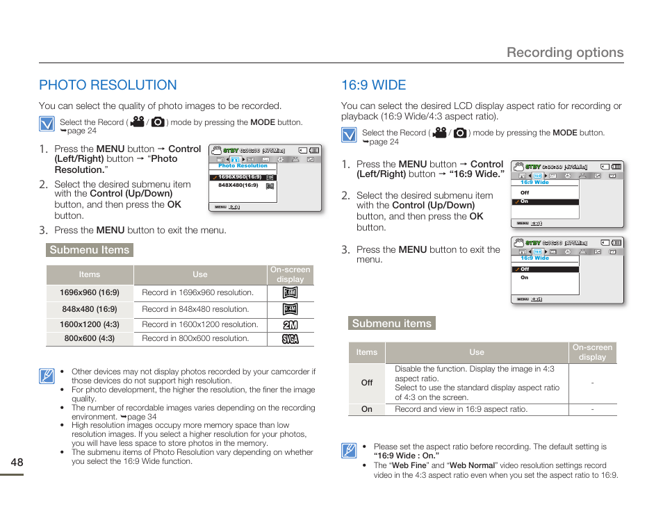 Photo resolution, 9 wide, Recording options | Samsung SMX-F54BN-XAA User Manual | Page 55 / 124