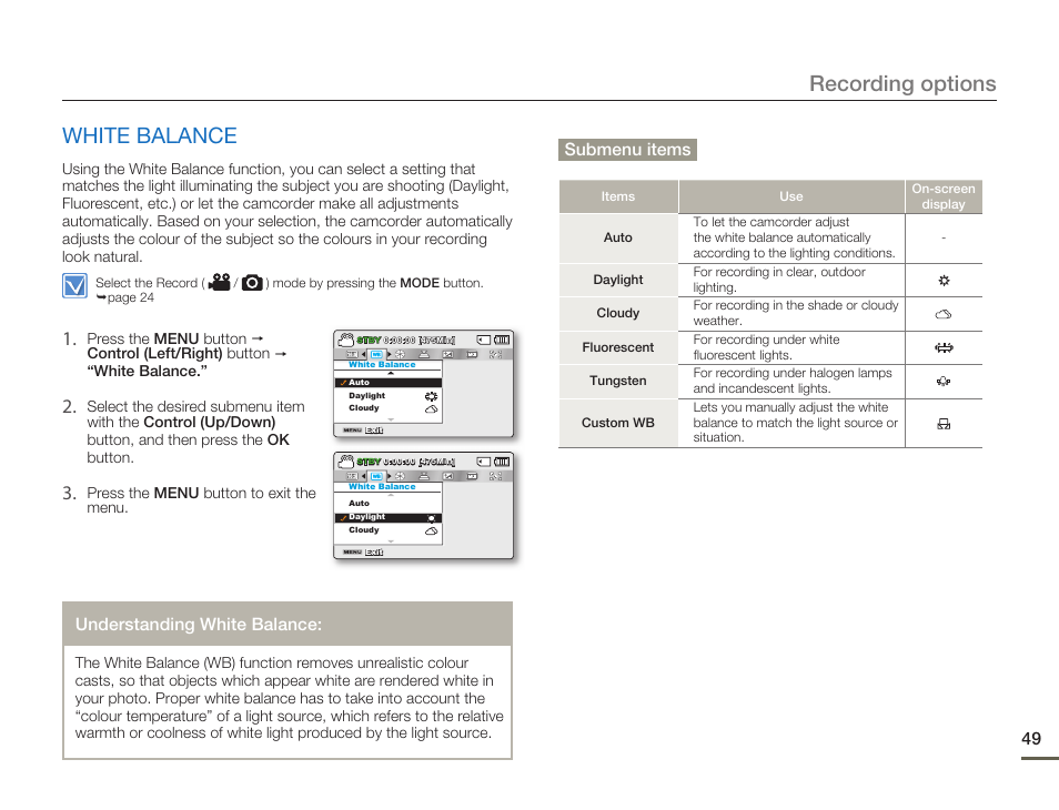 White balance, Recording options | Samsung SMX-F54BN-XAA User Manual | Page 56 / 124