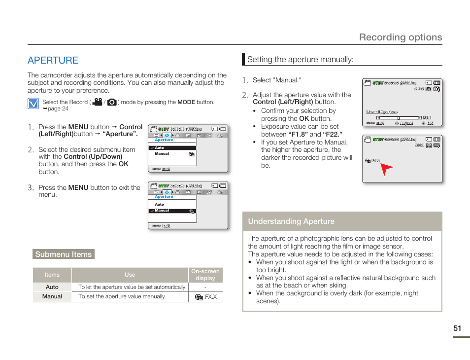 Aperture, Recording options, Setting the aperture manually | Samsung SMX-F54BN-XAA User Manual | Page 58 / 124