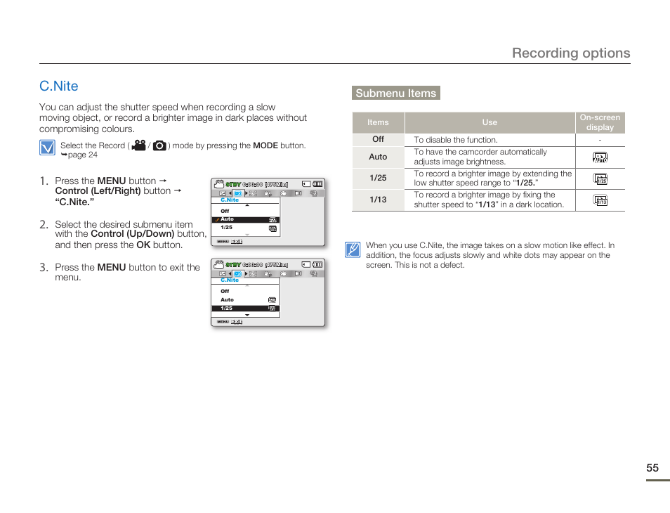 C.nite, Recording options | Samsung SMX-F54BN-XAA User Manual | Page 62 / 124