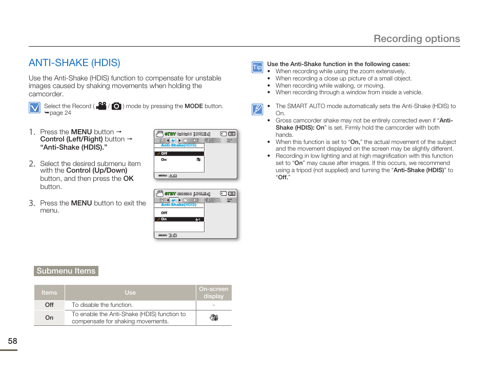 Anti-shake (hdis), Recording options | Samsung SMX-F54BN-XAA User Manual | Page 65 / 124