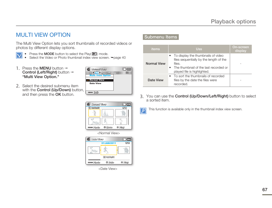 Multi view option, Playback options, Submenu items | Samsung SMX-F54BN-XAA User Manual | Page 74 / 124