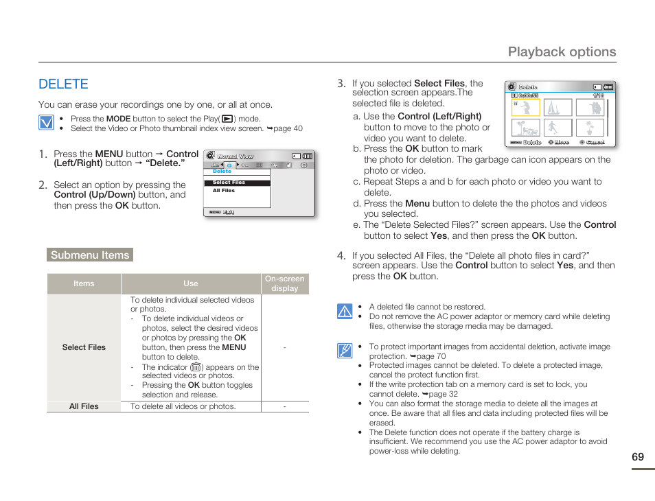 Delete, Playback options | Samsung SMX-F54BN-XAA User Manual | Page 76 / 124