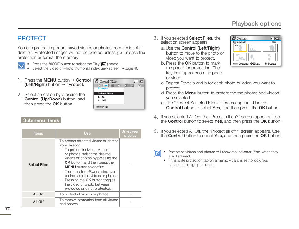 Protect, Playback options | Samsung SMX-F54BN-XAA User Manual | Page 77 / 124
