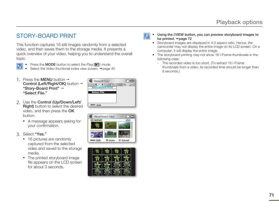 Story-board print, Playback options | Samsung SMX-F54BN-XAA User Manual | Page 78 / 124