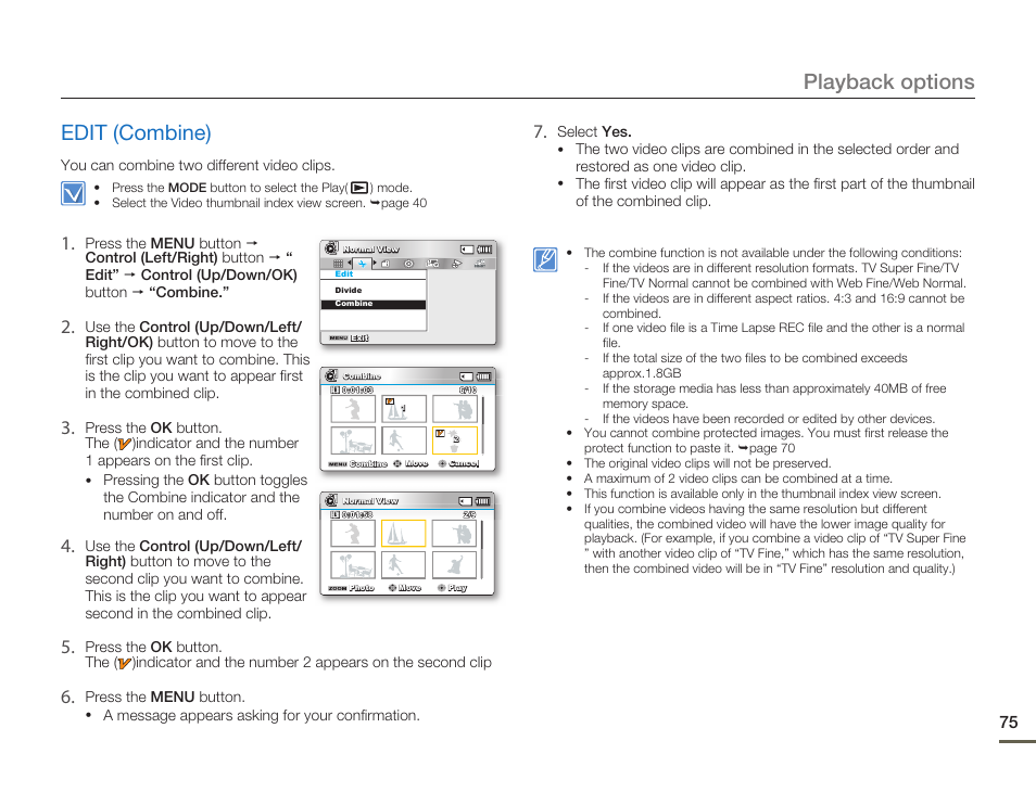 Edit (combine), Playback options | Samsung SMX-F54BN-XAA User Manual | Page 82 / 124