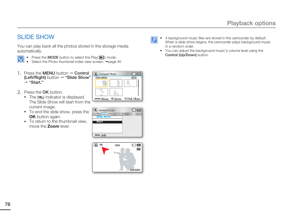 Slide show, Playback options | Samsung SMX-F54BN-XAA User Manual | Page 83 / 124