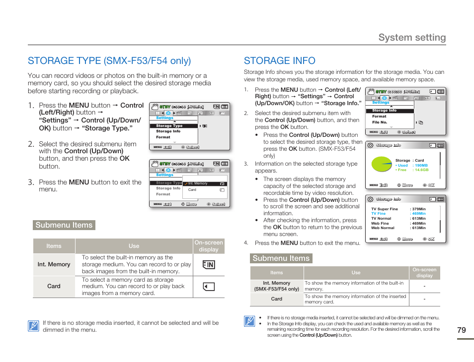 Storage type (smx-f53/f54 only), Storage info, System setting storage type (smx-f53/f54 only) | Submenu items | Samsung SMX-F54BN-XAA User Manual | Page 86 / 124