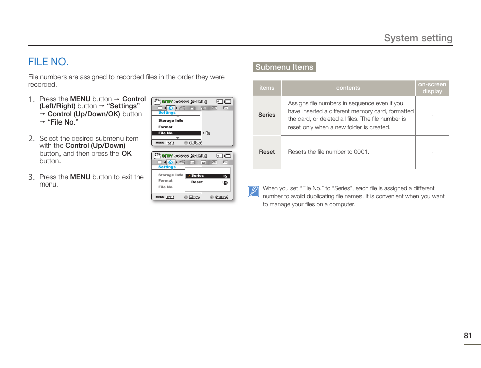 File no, System setting, Submenu items | Samsung SMX-F54BN-XAA User Manual | Page 88 / 124