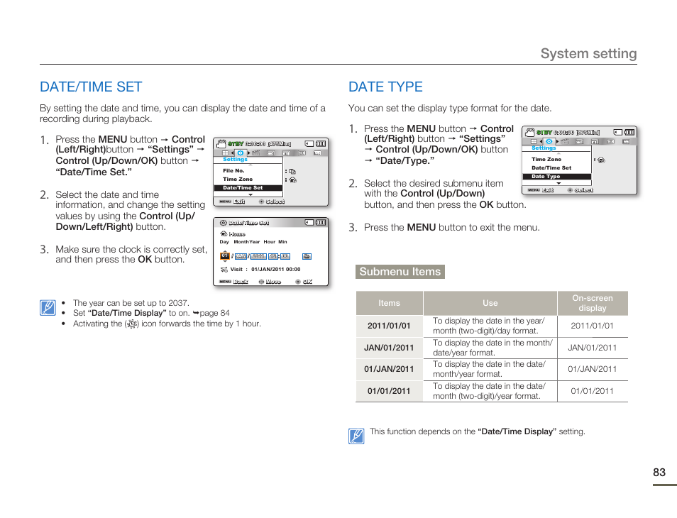 Date/time set, Date type, System setting | Submenu items | Samsung SMX-F54BN-XAA User Manual | Page 90 / 124