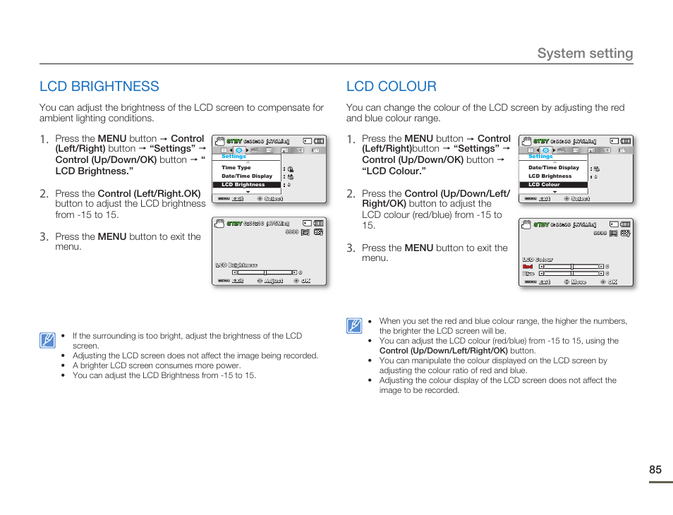 Lcd brightness, Lcd colour, System setting lcd brightness | Samsung SMX-F54BN-XAA User Manual | Page 92 / 124