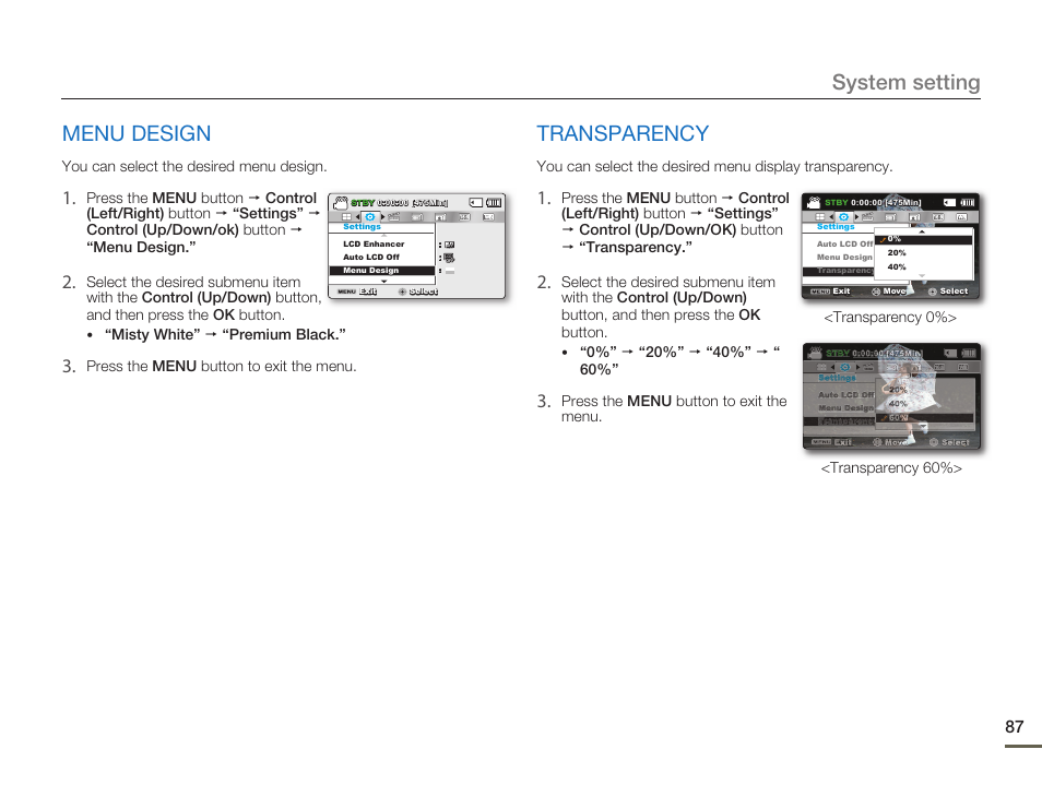 Menu design, Transparency, System setting menu design | Samsung SMX-F54BN-XAA User Manual | Page 94 / 124