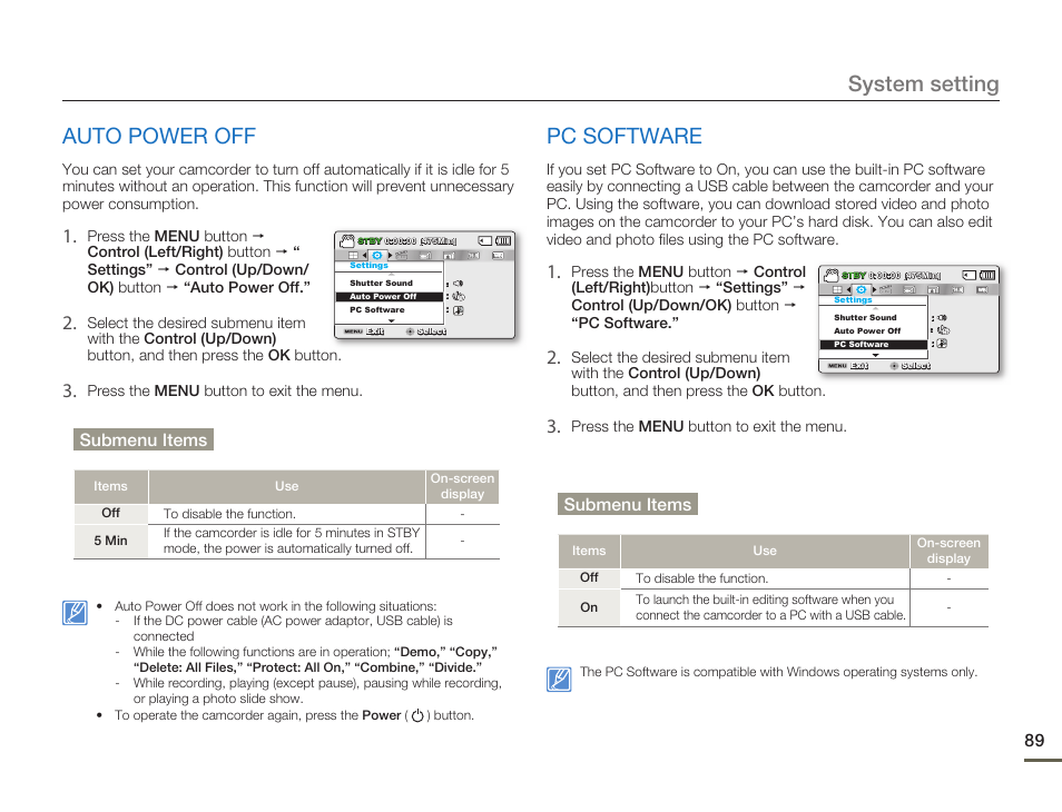 Auto power off, Pc software, System setting | Samsung SMX-F54BN-XAA User Manual | Page 96 / 124