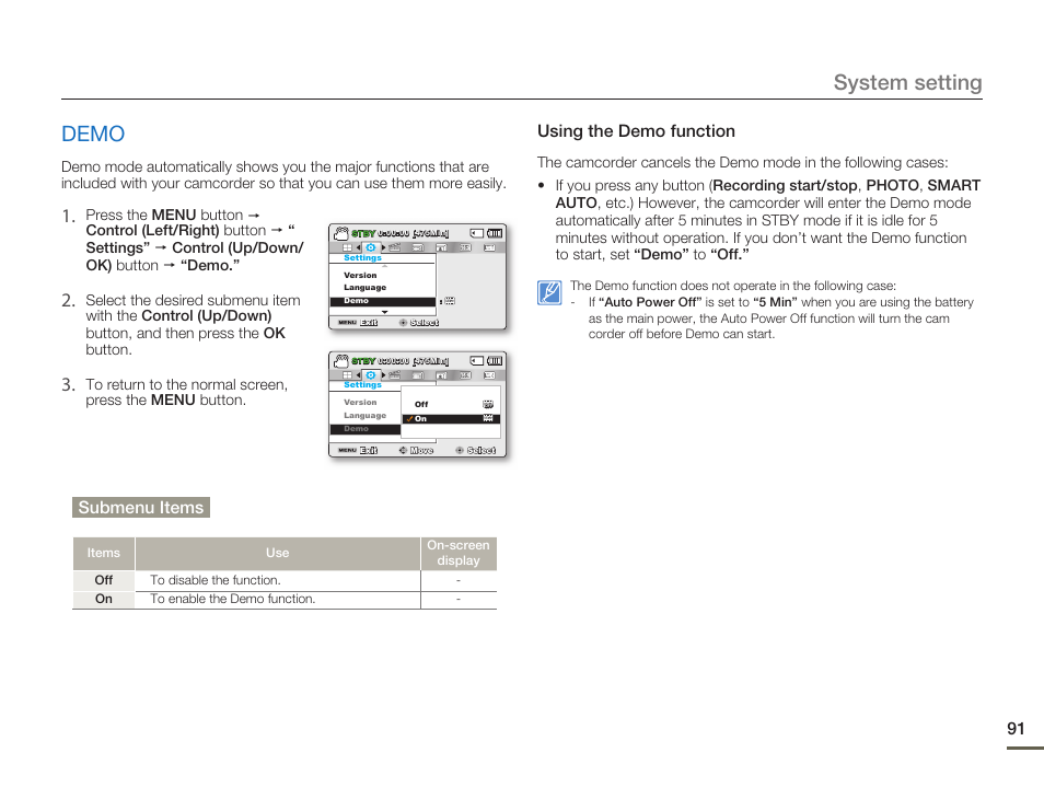 Demo, System setting demo, Using the demo function | Submenu items | Samsung SMX-F54BN-XAA User Manual | Page 98 / 124