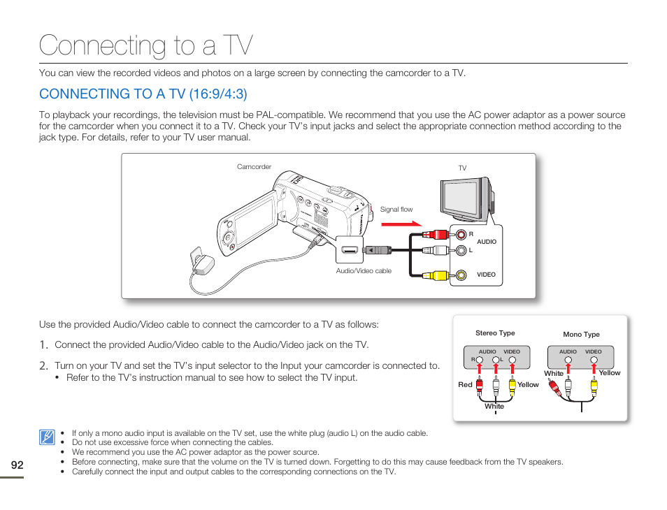 Connecting to a tv, Connecting to a tv (16:9/4:3) | Samsung SMX-F54BN-XAA User Manual | Page 99 / 124