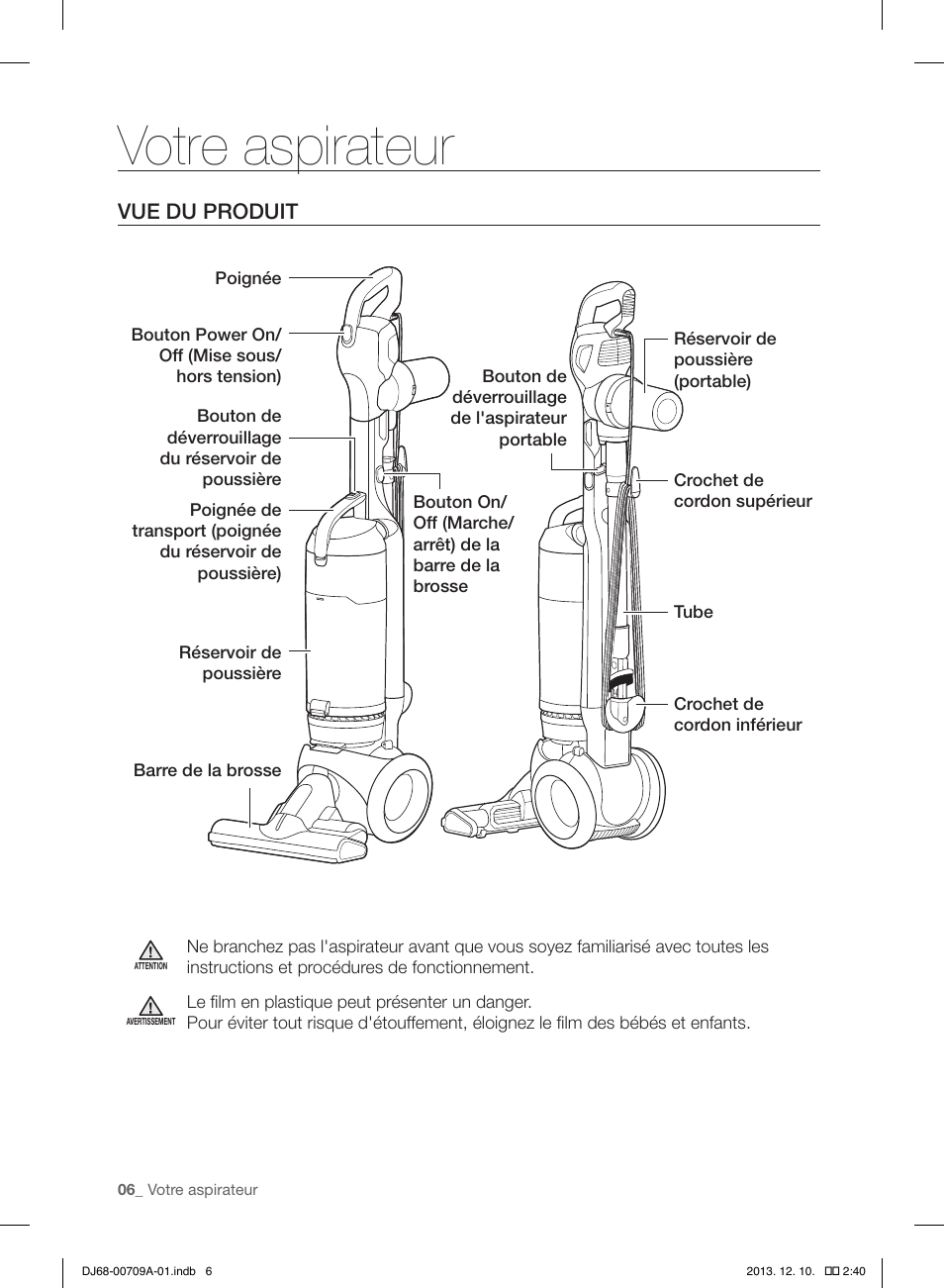 Votre aspirateur, Vue du produit | Samsung VU12F70SHBC-AA User Manual | Page 34 / 84