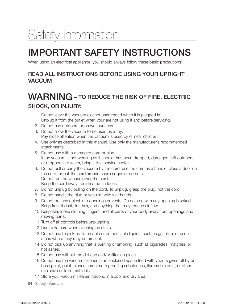 Safety information, Important safety instructions, Warning | Samsung VU12F70SHBC-AA User Manual | Page 4 / 84