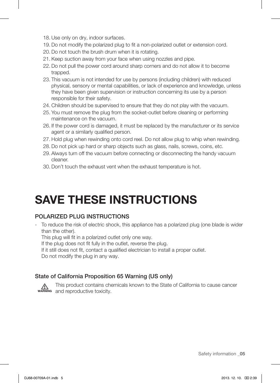 Save these instructions | Samsung VU12F70SHBC-AA User Manual | Page 5 / 84