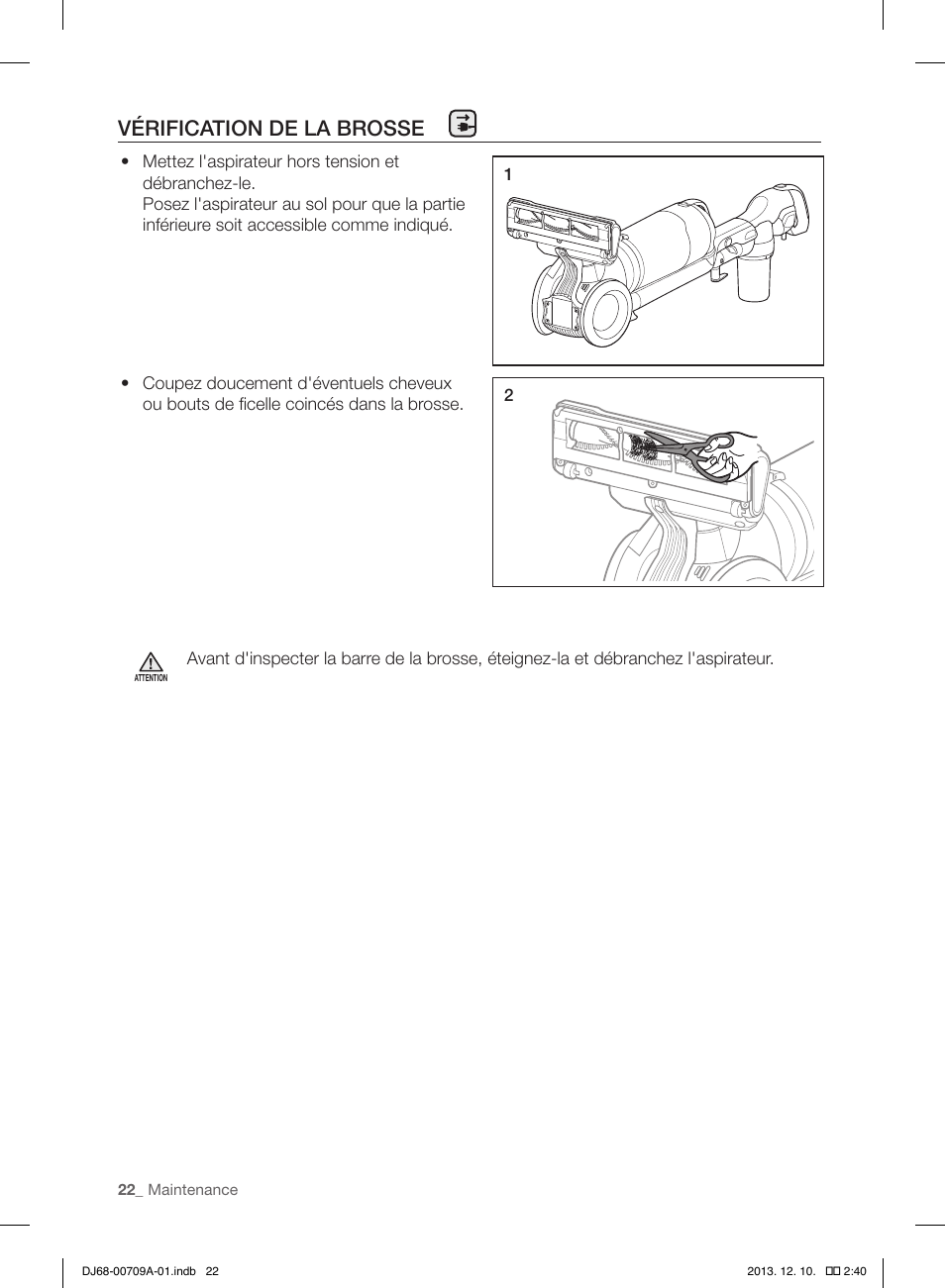 Vérification de la brosse | Samsung VU12F70SHBC-AA User Manual | Page 50 / 84