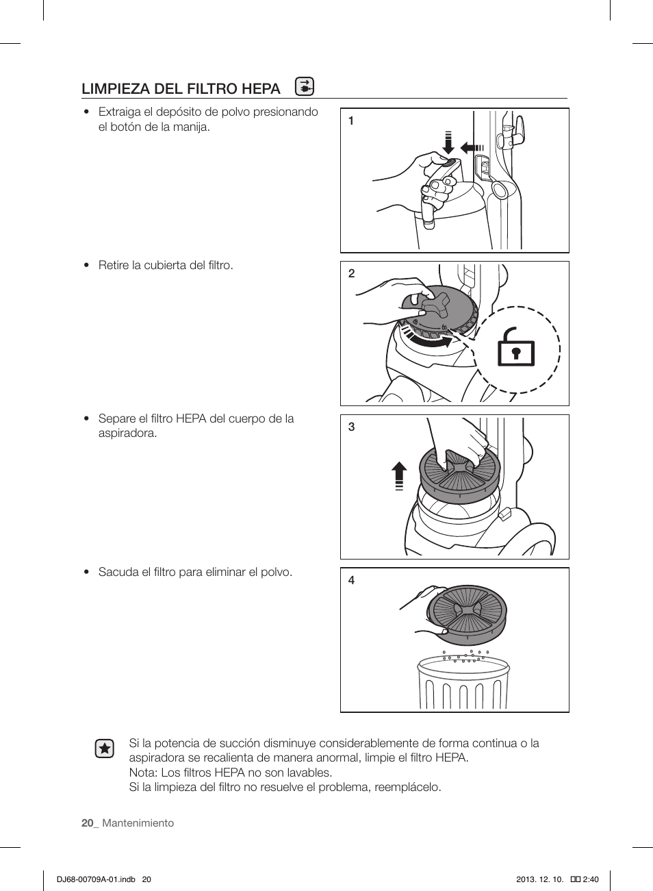 Limpieza del filtro hepa | Samsung VU12F70SHBC-AA User Manual | Page 76 / 84