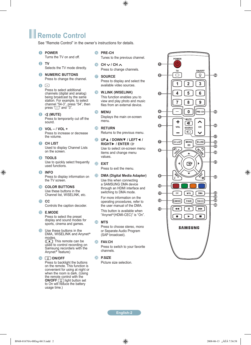 Remote control | Samsung LN46A630M1FXZA User Manual | Page 2 / 12