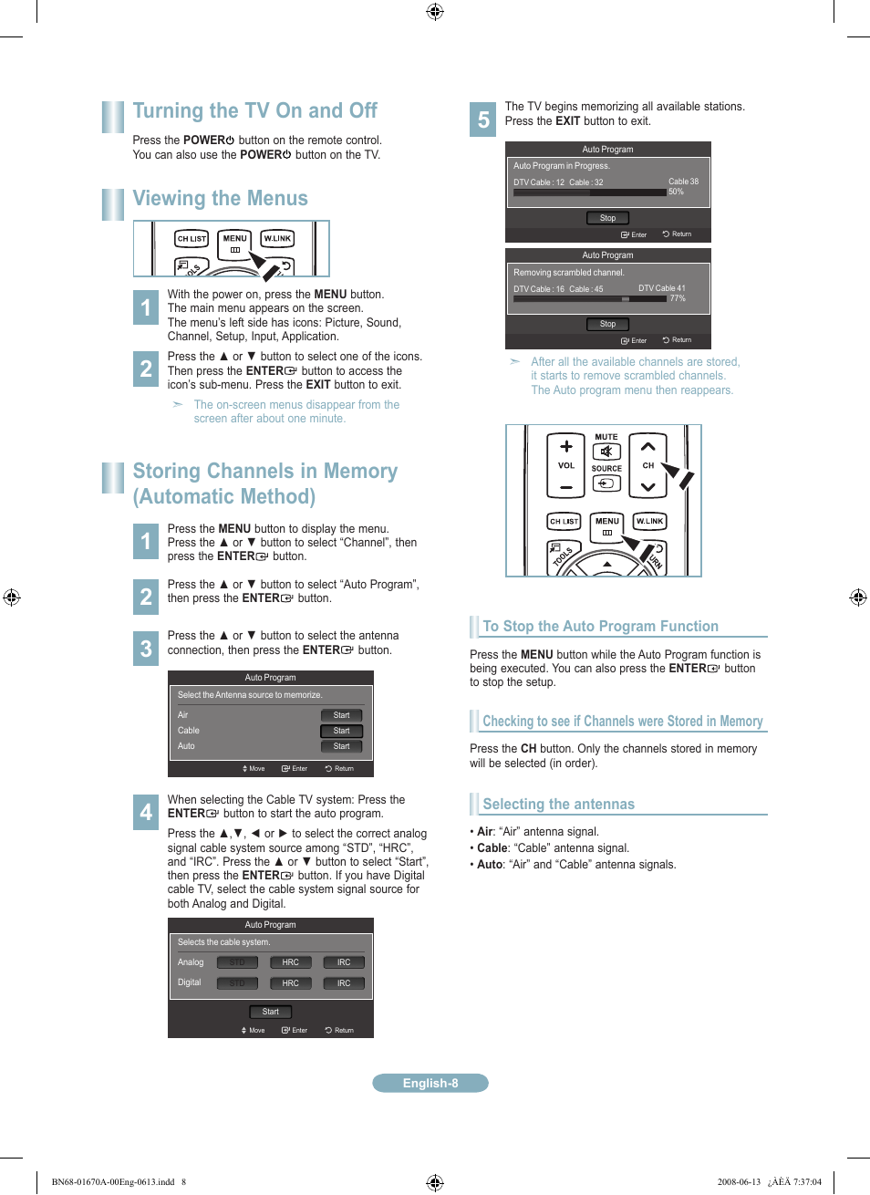 Turning the tv on and off, Viewing the menus | Samsung LN46A630M1FXZA User Manual | Page 8 / 12