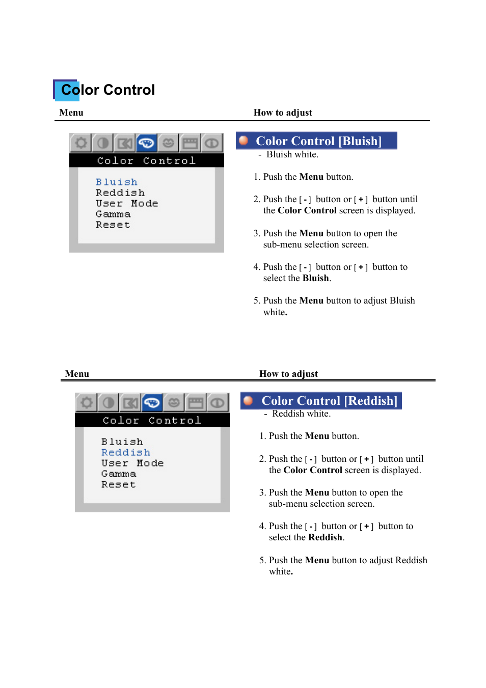 Color control, Color control [bluish, Color control [reddish | Samsung NB24BSAB User Manual | Page 29 / 61