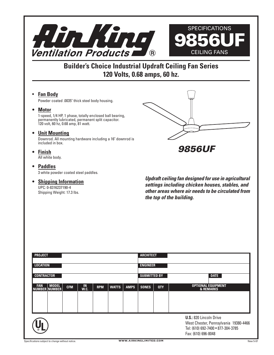 Air King 9856UF User Manual | 1 page