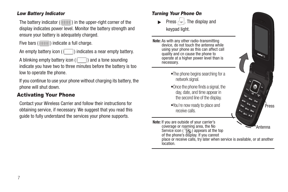 Low battery indicator, Activating your phone, Turning your phone on | Samsung SCH-R420DAAMTR User Manual | Page 10 / 153