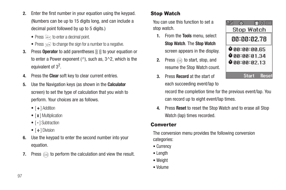Stop watch, Converter, Stop watch converter | Samsung SCH-R420DAAMTR User Manual | Page 100 / 153