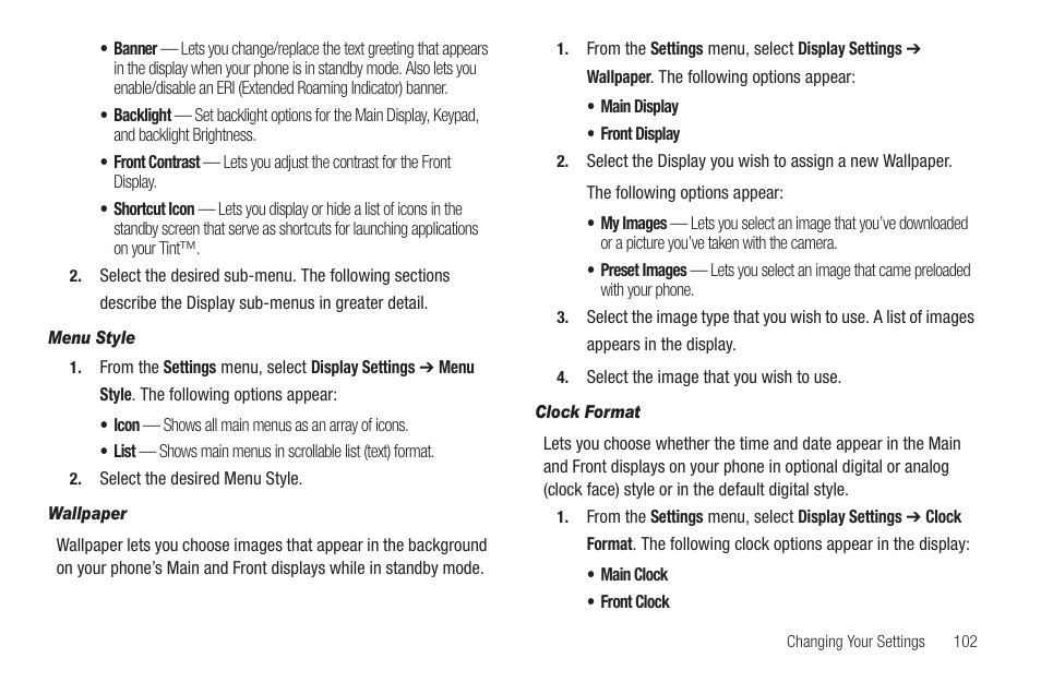 Menu style, Wallpaper, Clock format | Menu. (for more | Samsung SCH-R420DAAMTR User Manual | Page 105 / 153