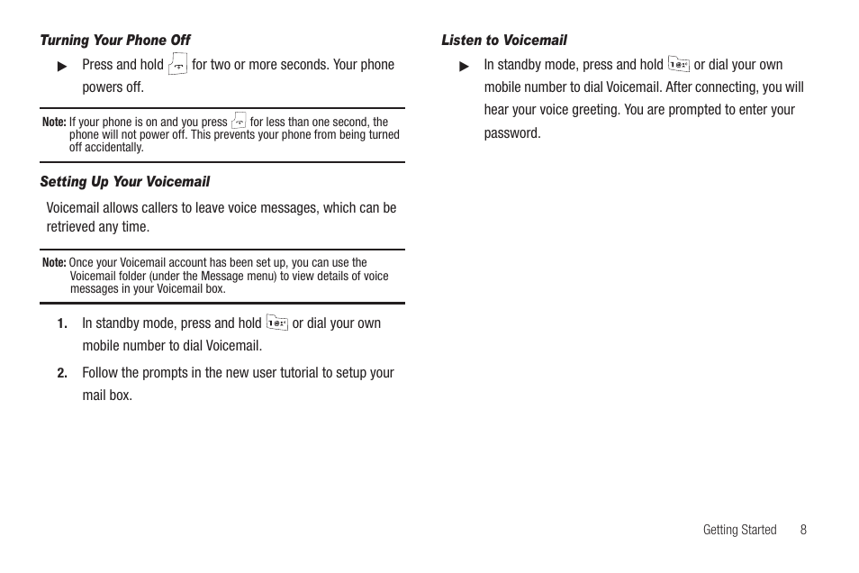 Turning your phone off, Setting up your voicemail, Listen to voicemail | Samsung SCH-R420DAAMTR User Manual | Page 11 / 153