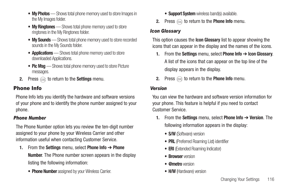 Phone info, Phone number, Icon glossary | Version | Samsung SCH-R420DAAMTR User Manual | Page 119 / 153