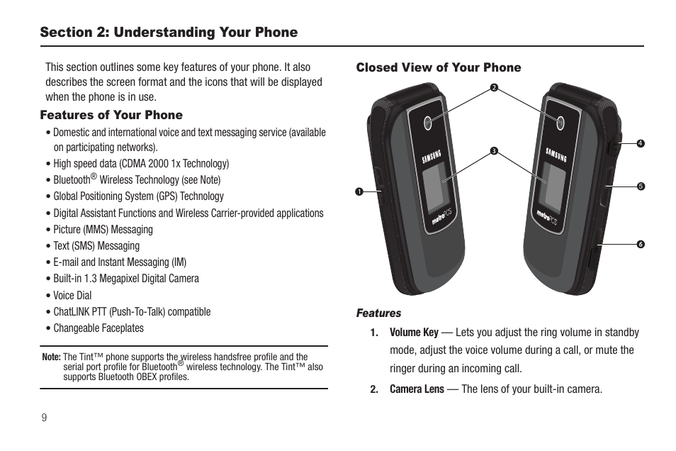 Section 2: understanding your phone, Features of your phone, Closed view of your phone | Features, Features of your phone closed view of your phone | Samsung SCH-R420DAAMTR User Manual | Page 12 / 153