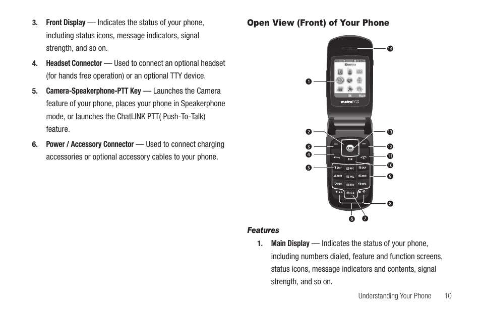 Open view (front) of your phone, Features | Samsung SCH-R420DAAMTR User Manual | Page 13 / 153