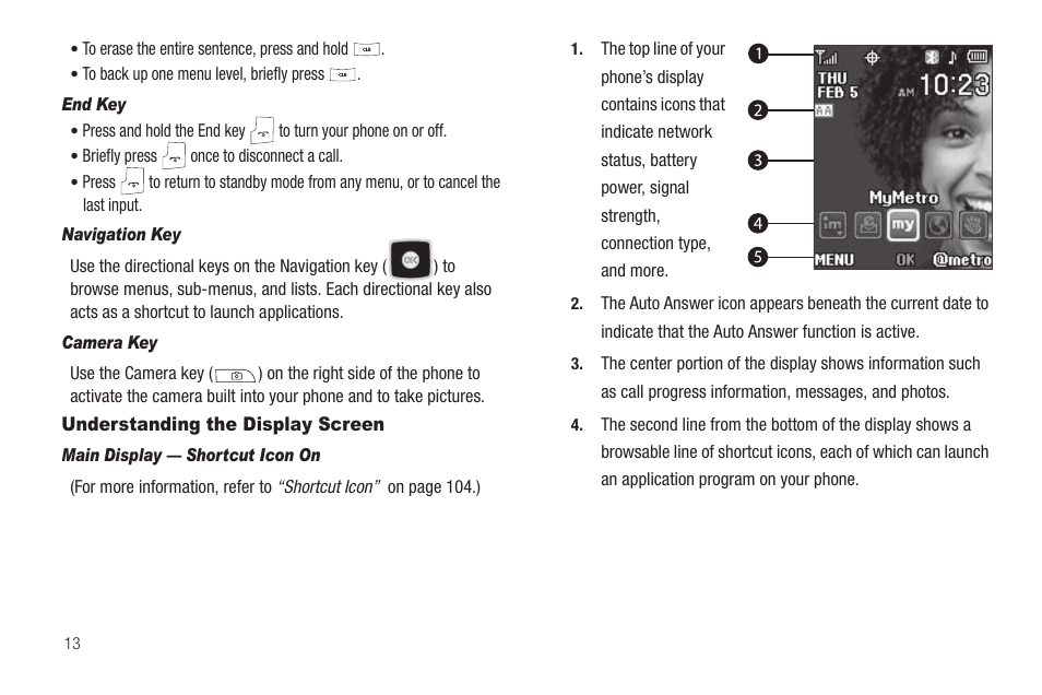 End key, Navigation key, Camera key | Understanding the display screen, Main display — shortcut icon on | Samsung SCH-R420DAAMTR User Manual | Page 16 / 153