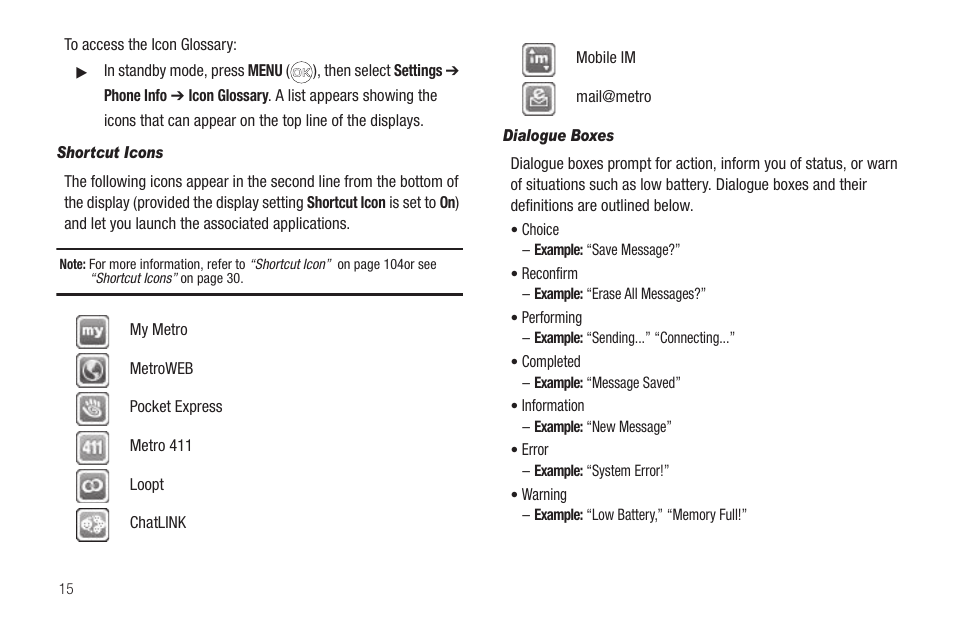 Shortcut icons, Dialogue boxes | Samsung SCH-R420DAAMTR User Manual | Page 18 / 153