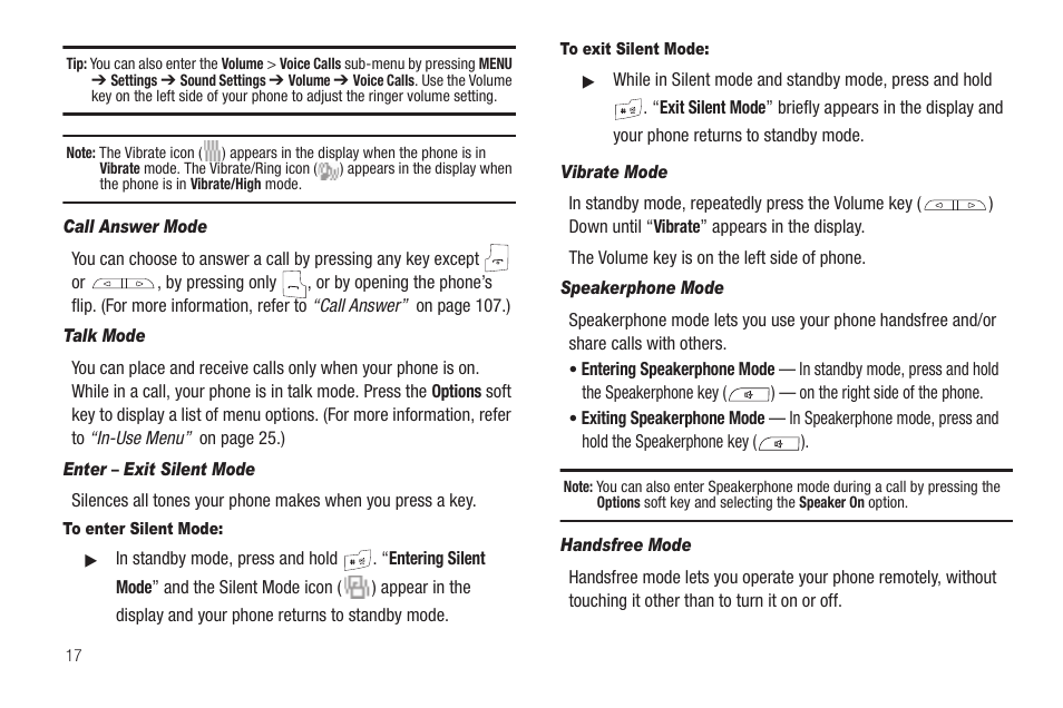 Call answer mode, Talk mode, Enter – exit silent mode | To enter silent mode, To exit silent mode, Vibrate mode, Speakerphone mode, Handsfree mode | Samsung SCH-R420DAAMTR User Manual | Page 20 / 153