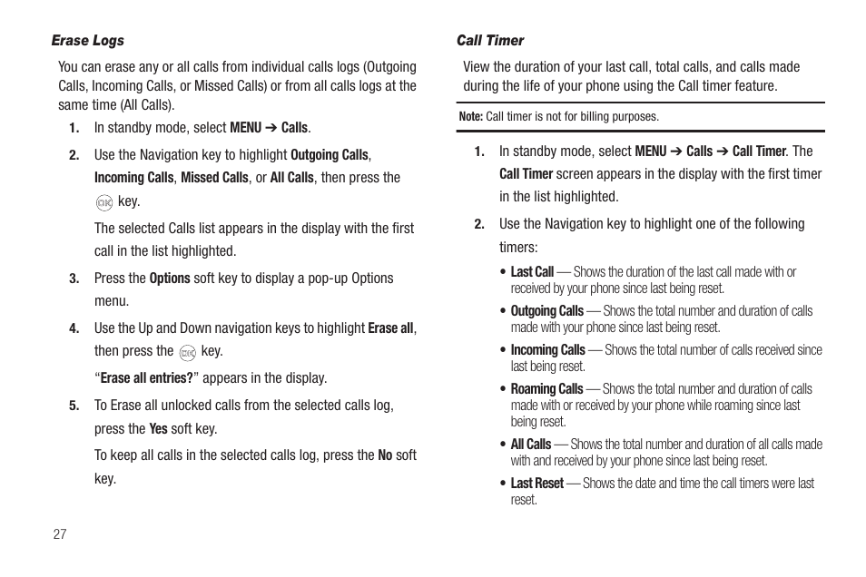 Erase logs, Call timer | Samsung SCH-R420DAAMTR User Manual | Page 30 / 153