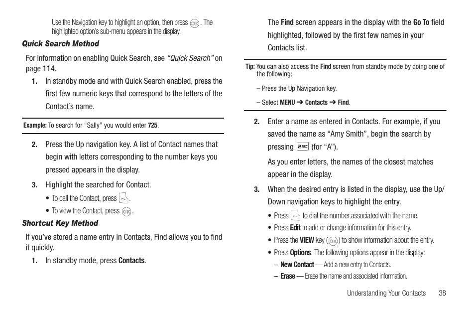 Quick search method, Shortcut key method | Samsung SCH-R420DAAMTR User Manual | Page 41 / 153