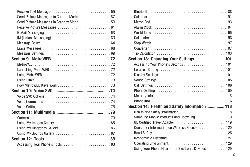 Section 9: metroweb 72, Section 10: voice svc 74, Section 11: multimedia 79 | Section 12: tools 88, Section 13: changing your settings 101, Section 14: health and safety information 118 | Samsung SCH-R420DAAMTR User Manual | Page 5 / 153